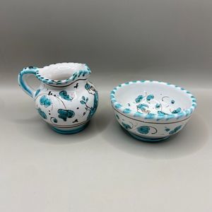 Vintage PV Italy Pottery Peasant Village Mini Pitcher Bowl Blue White Leaf 04370